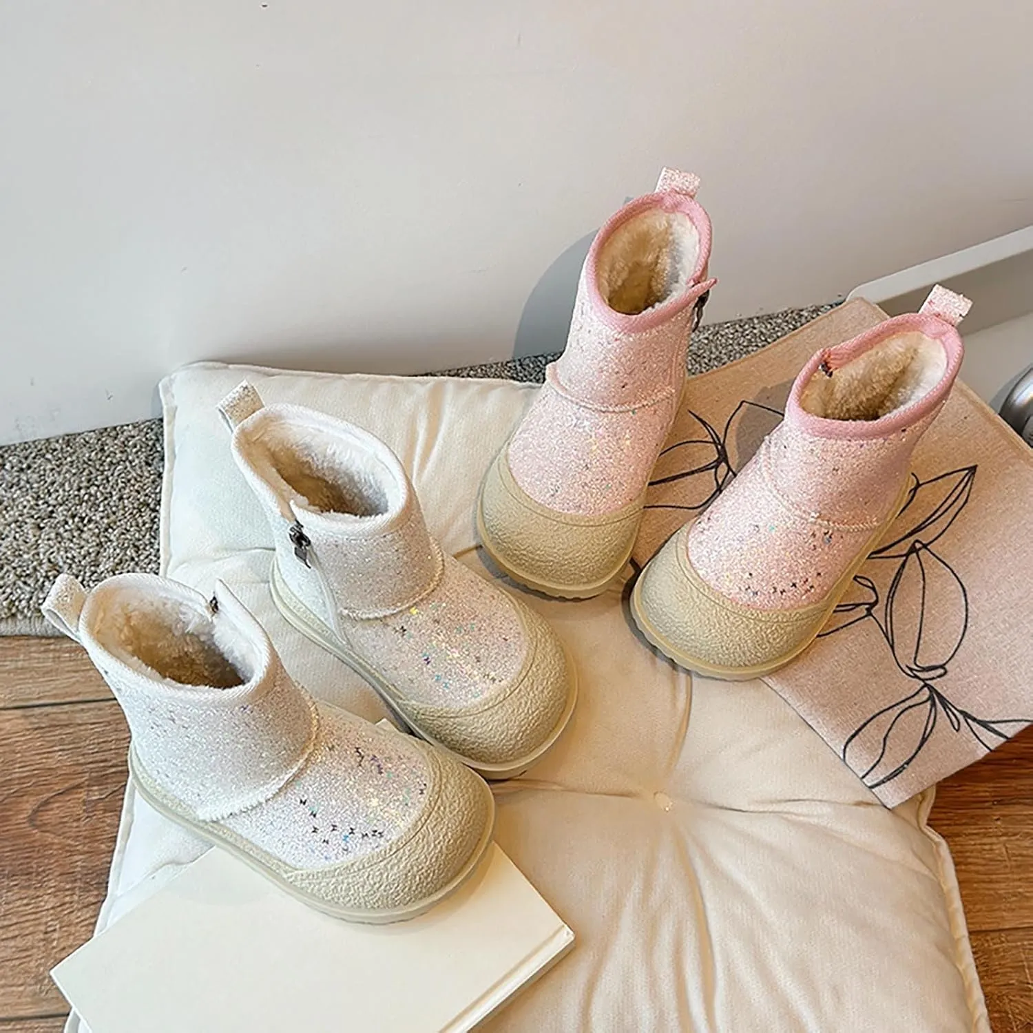 Girls Glitter Snow Boots Kids Warm Fleece Plush Winter Sequin Comfy Cute Outdoor ??parkle Princess Ankle Boots