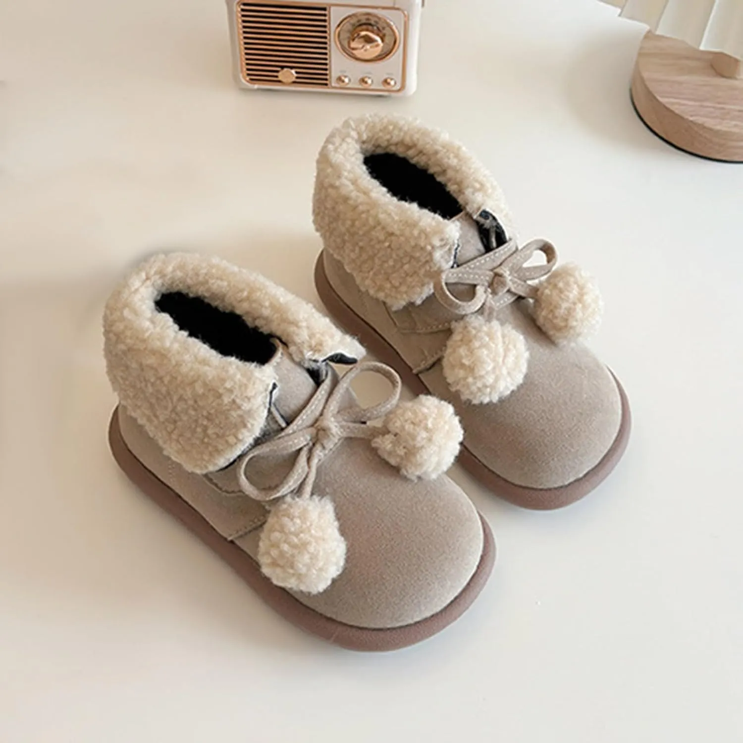 Pom-Pom ??alls Fleece Ankle Boots for Kids Girls Toddler Winter Thick Flat Soft Plush Comfortable Warm Snow Shoes