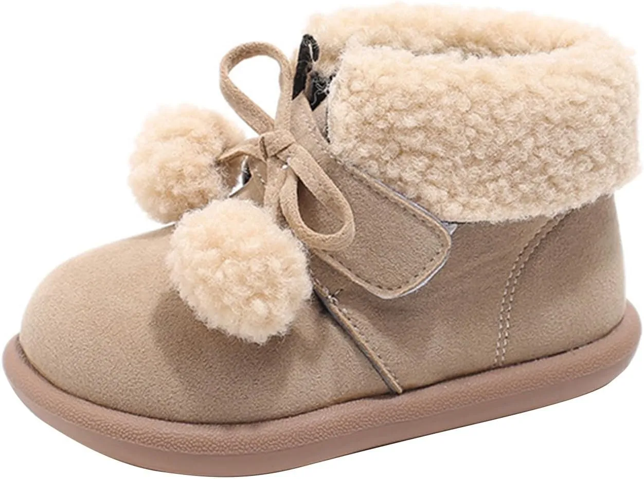 Pom-Pom ??alls Fleece Ankle Boots for Kids Girls Toddler Winter Thick Flat Soft Plush Comfortable Warm Snow Shoes