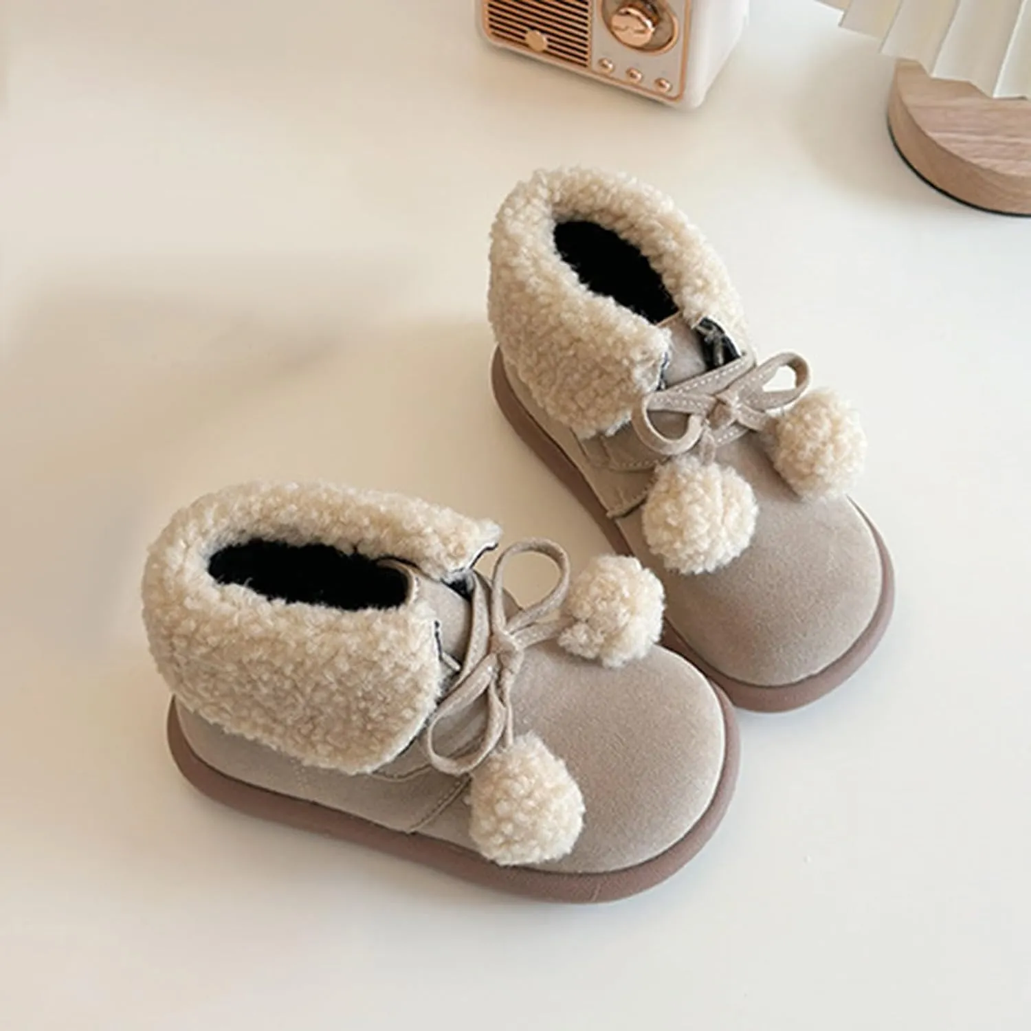 Pom-Pom ??alls Fleece Ankle Boots for Kids Girls Toddler Winter Thick Flat Soft Plush Comfortable Warm Snow Shoes
