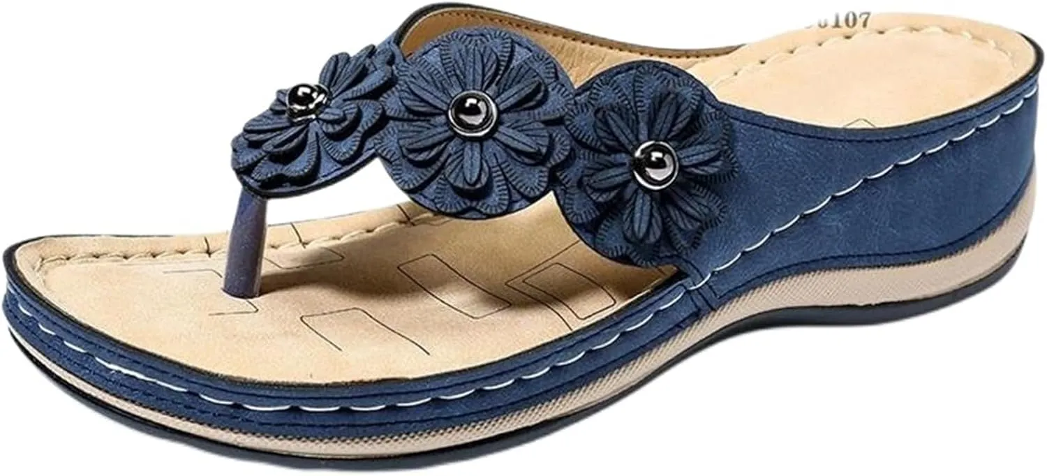 Sandals Women Wedge Shoes Summer Dressy Flip Flops Flower Wide Width Orthopedic Sandals with Arch Support Comfortable Platform Footwear Casual Walking Wedges Sandal Beach Walking Outdoor Slippers