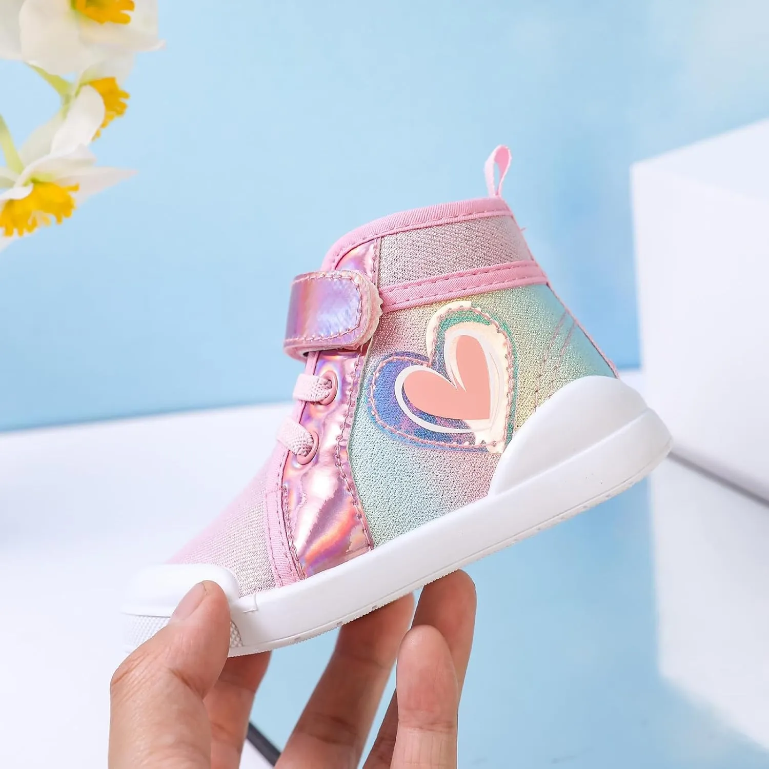 Toddler Girls Sequin Sparkly High Top Canvas Sneakers Kids Heart Print Glitter Walking Running Girls Shoes Hiking Boots