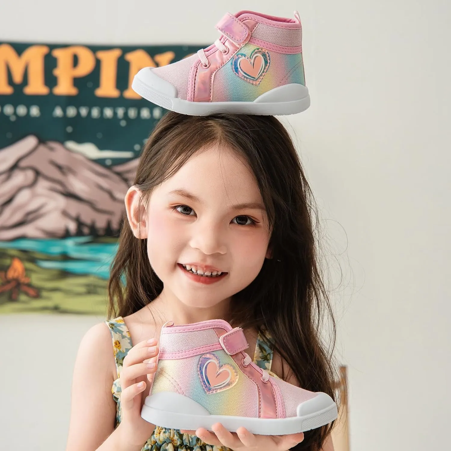Toddler Girls Sequin Sparkly High Top Canvas Sneakers Kids Heart Print Glitter Walking Running Girls Shoes Hiking Boots