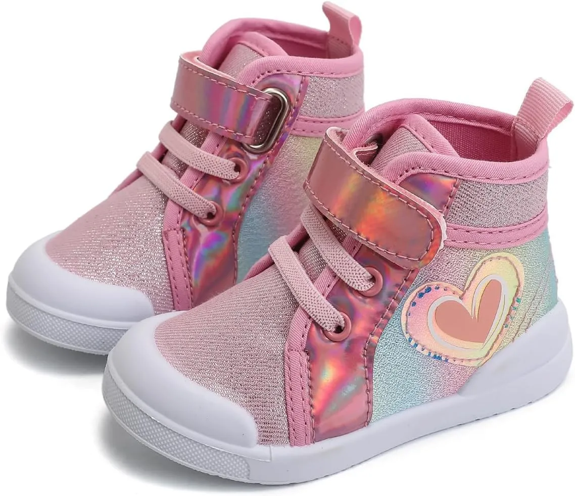 Toddler Girls Sequin Sparkly High Top Canvas Sneakers Kids Heart Print Glitter Walking Running Girls Shoes Hiking Boots
