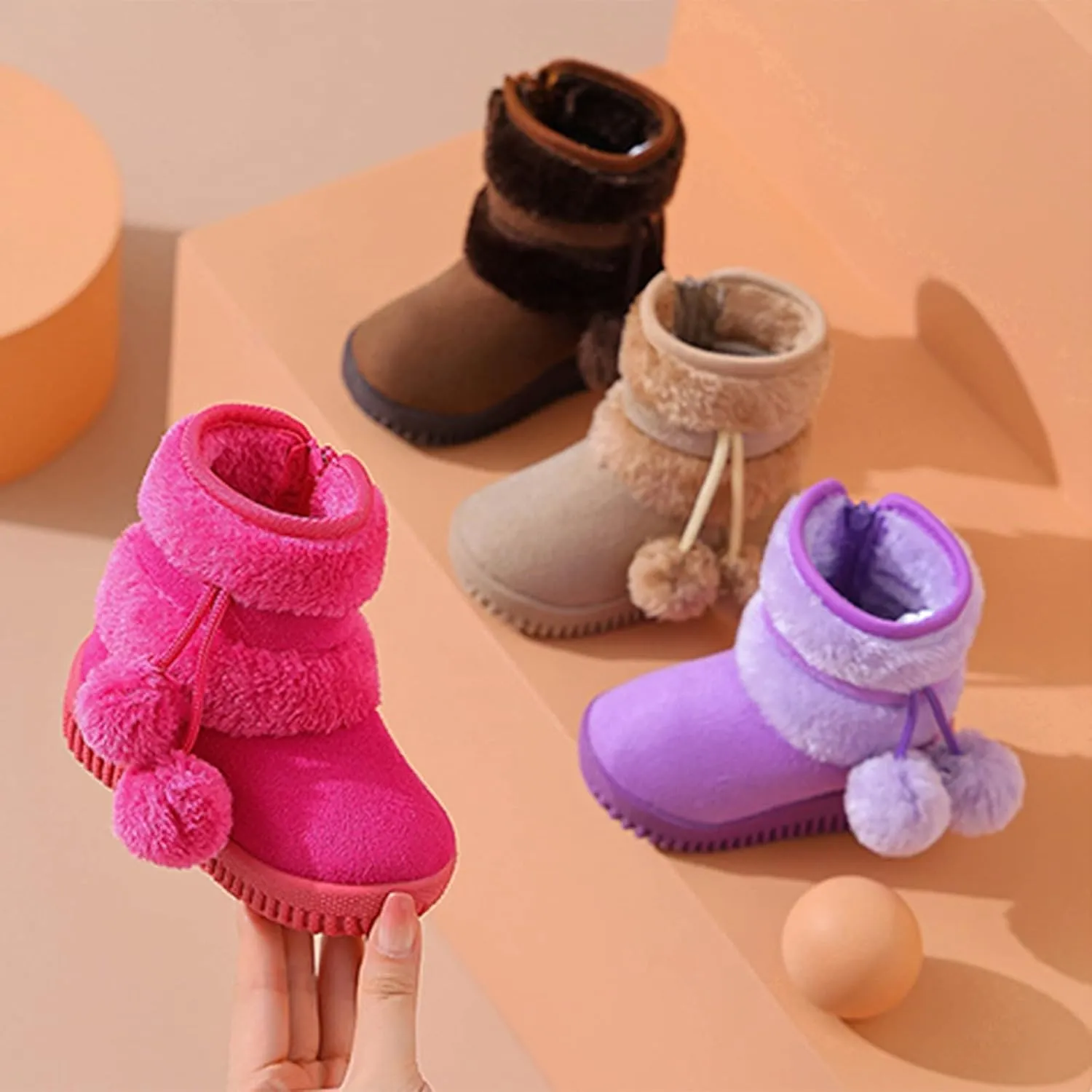 Toddler Winter Boots Girls Boys Kids Unisex Snow Boots Side Zip Fleece Outdoor Anti-Slip Warm Boots with Pom Poms