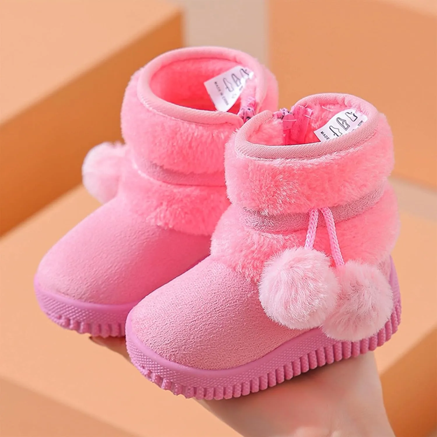 Toddler Winter Boots Girls Boys Kids Unisex Snow Boots Side Zip Fleece Outdoor Anti-Slip Warm Boots with Pom Poms