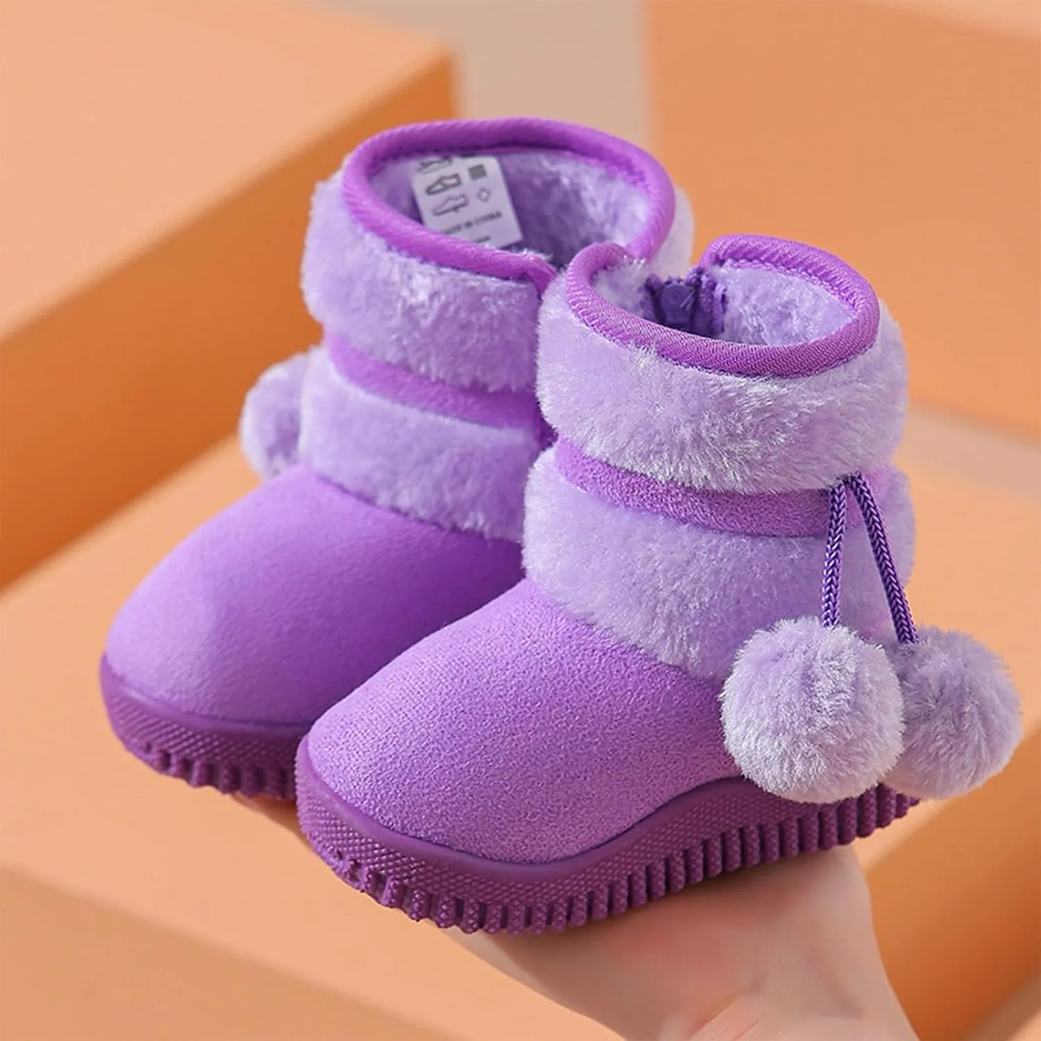 Toddler Winter Boots Girls Boys Kids Unisex Snow Boots Side Zip Fleece Outdoor Anti-Slip Warm Boots with Pom Poms