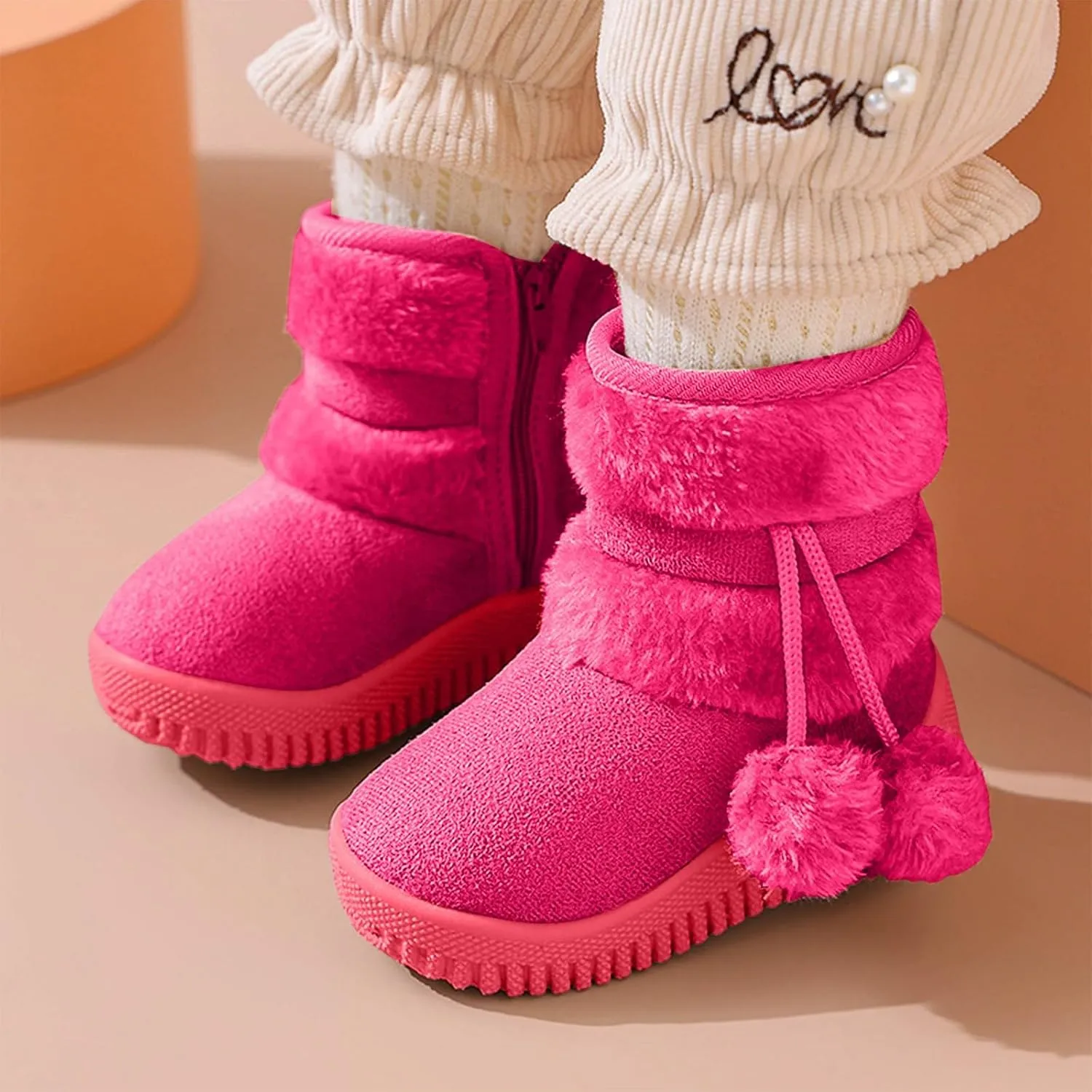 Toddler Winter Boots Girls Boys Kids Unisex Snow Boots Side Zip Fleece Outdoor Anti-Slip Warm Boots with Pom Poms