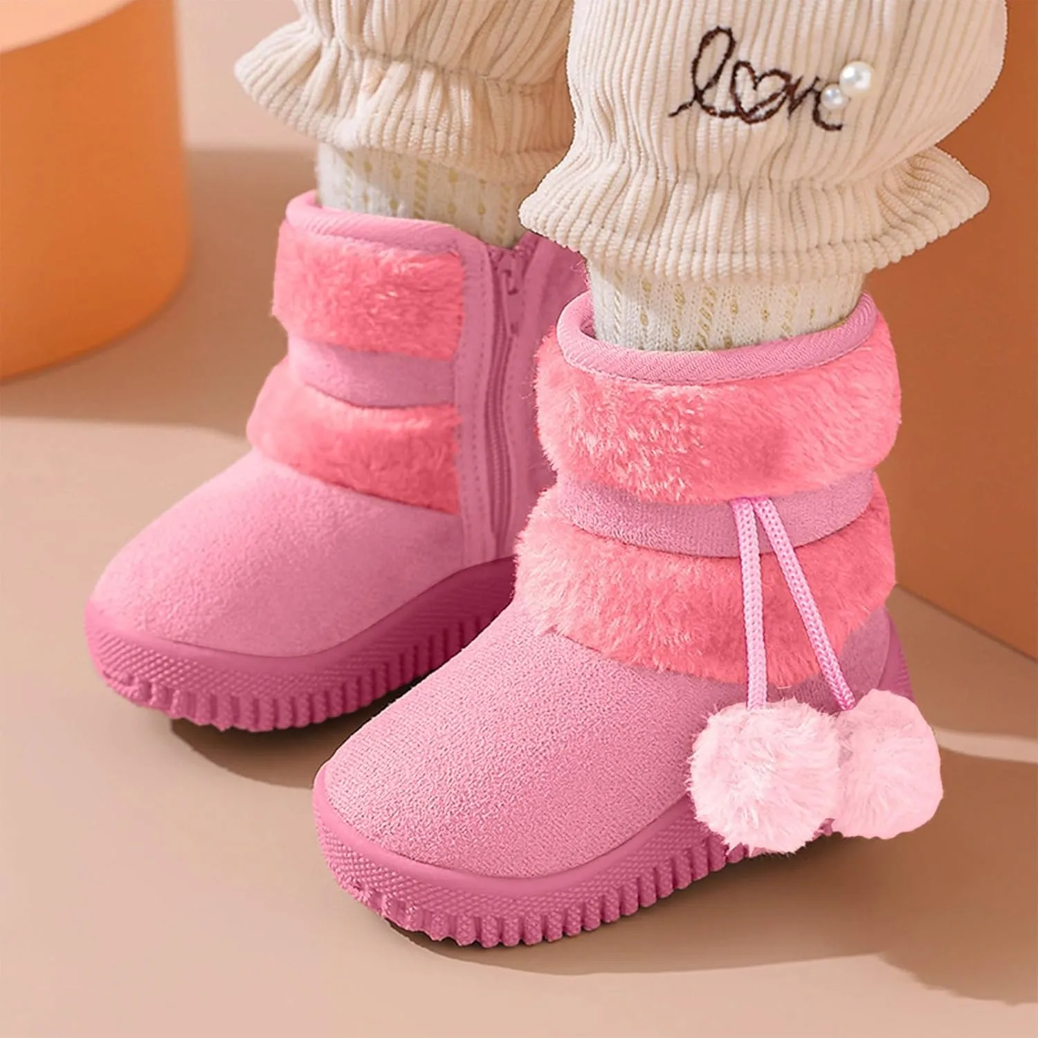 Toddler Winter Boots Girls Boys Kids Unisex Snow Boots Side Zip Fleece Outdoor Anti-Slip Warm Boots with Pom Poms