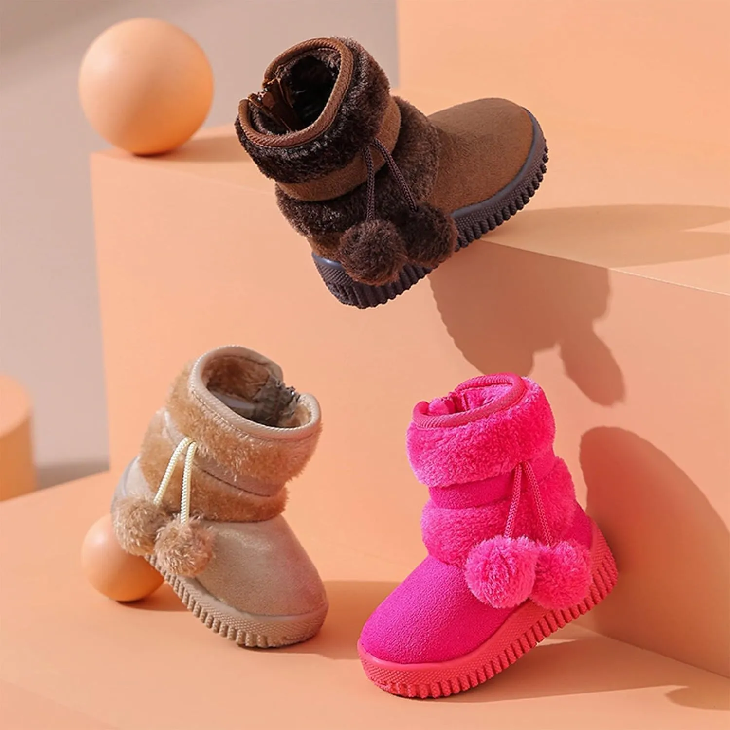 Toddler Winter Boots Girls Boys Kids Unisex Snow Boots Side Zip Fleece Outdoor Anti-Slip Warm Boots with Pom Poms