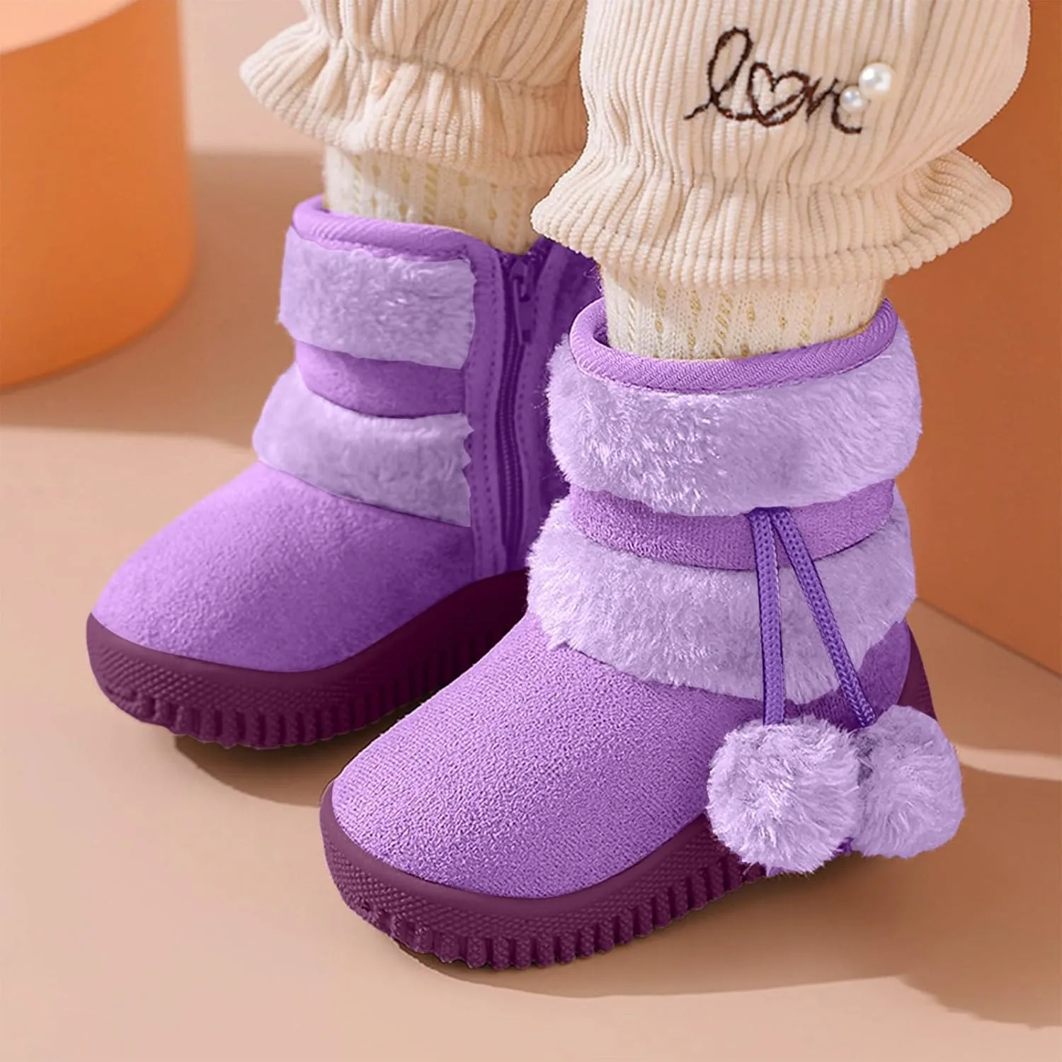 Toddler Winter Boots Girls Boys Kids Unisex Snow Boots Side Zip Fleece Outdoor Anti-Slip Warm Boots with Pom Poms