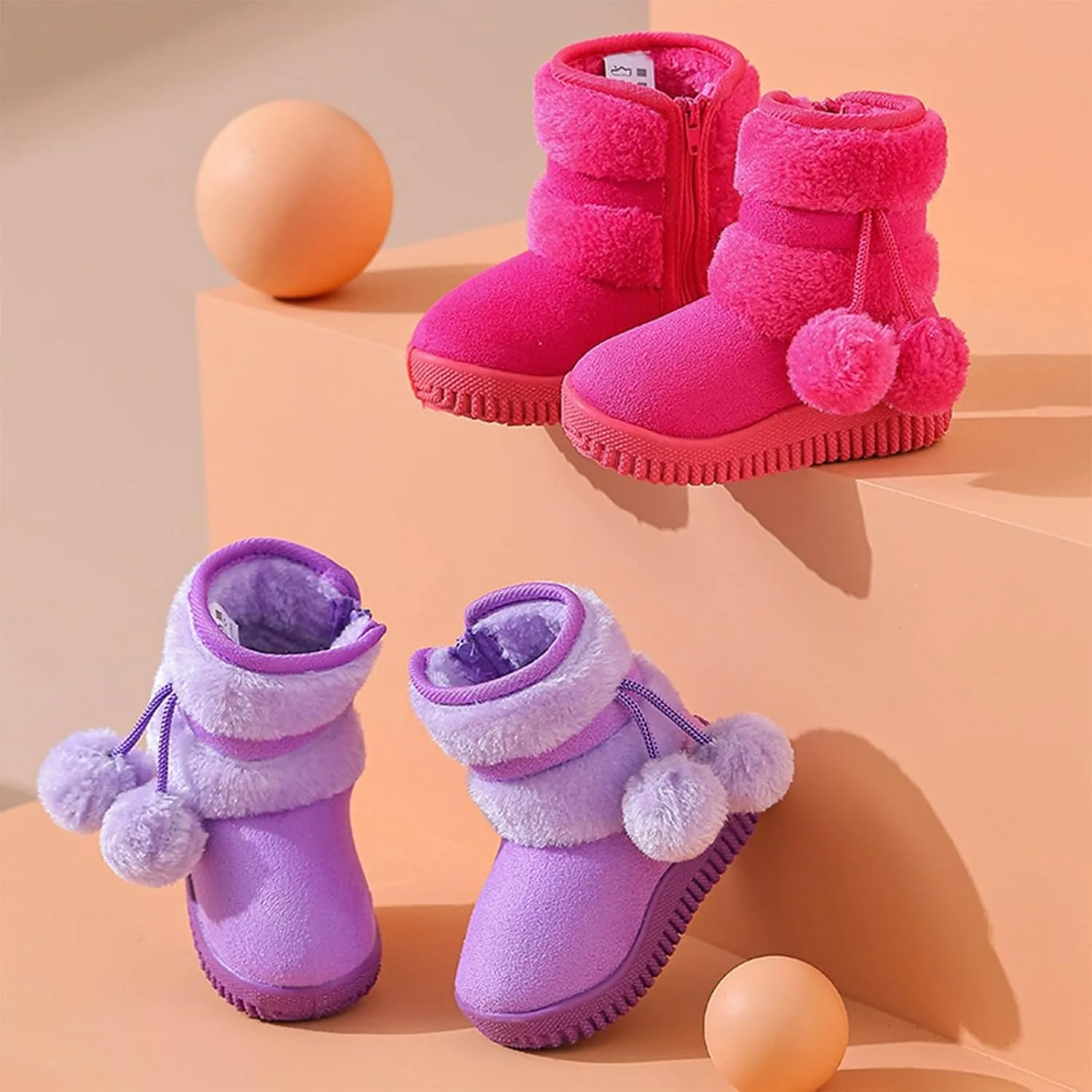 Toddler Winter Boots Girls Boys Kids Unisex Snow Boots Side Zip Fleece Outdoor Anti-Slip Warm Boots with Pom Poms